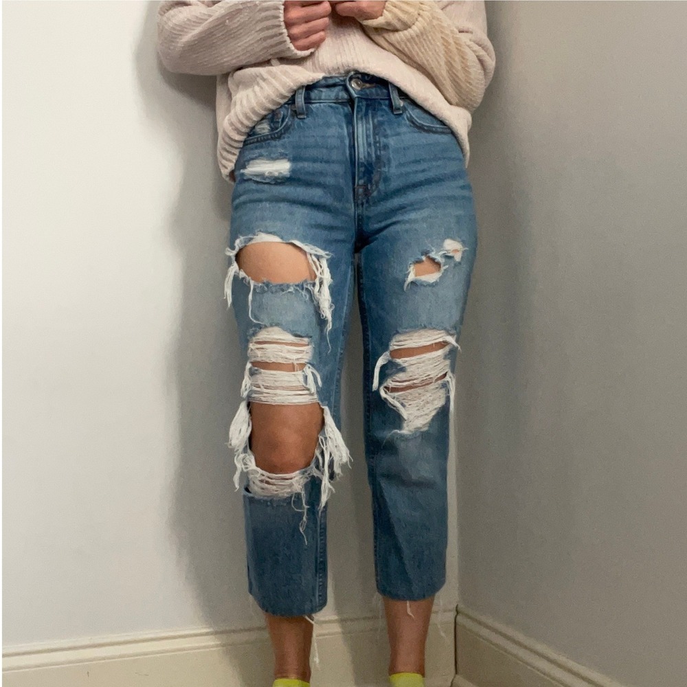 Aeropostale Mom Jeans sz 00 Distressed Ripped Cropped Straight Leg Emo‎ Punk Y2K